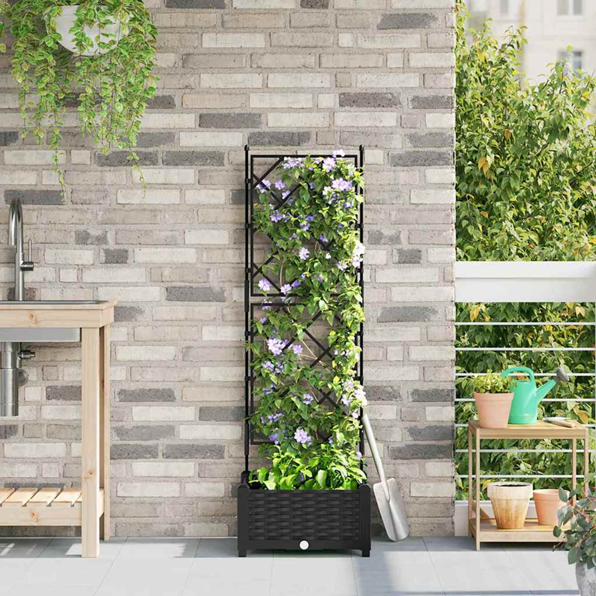 Un traliccio nero con piante rampicanti e fiori viola è su un patio. Visibili un muro di mattoni e vegetazione.