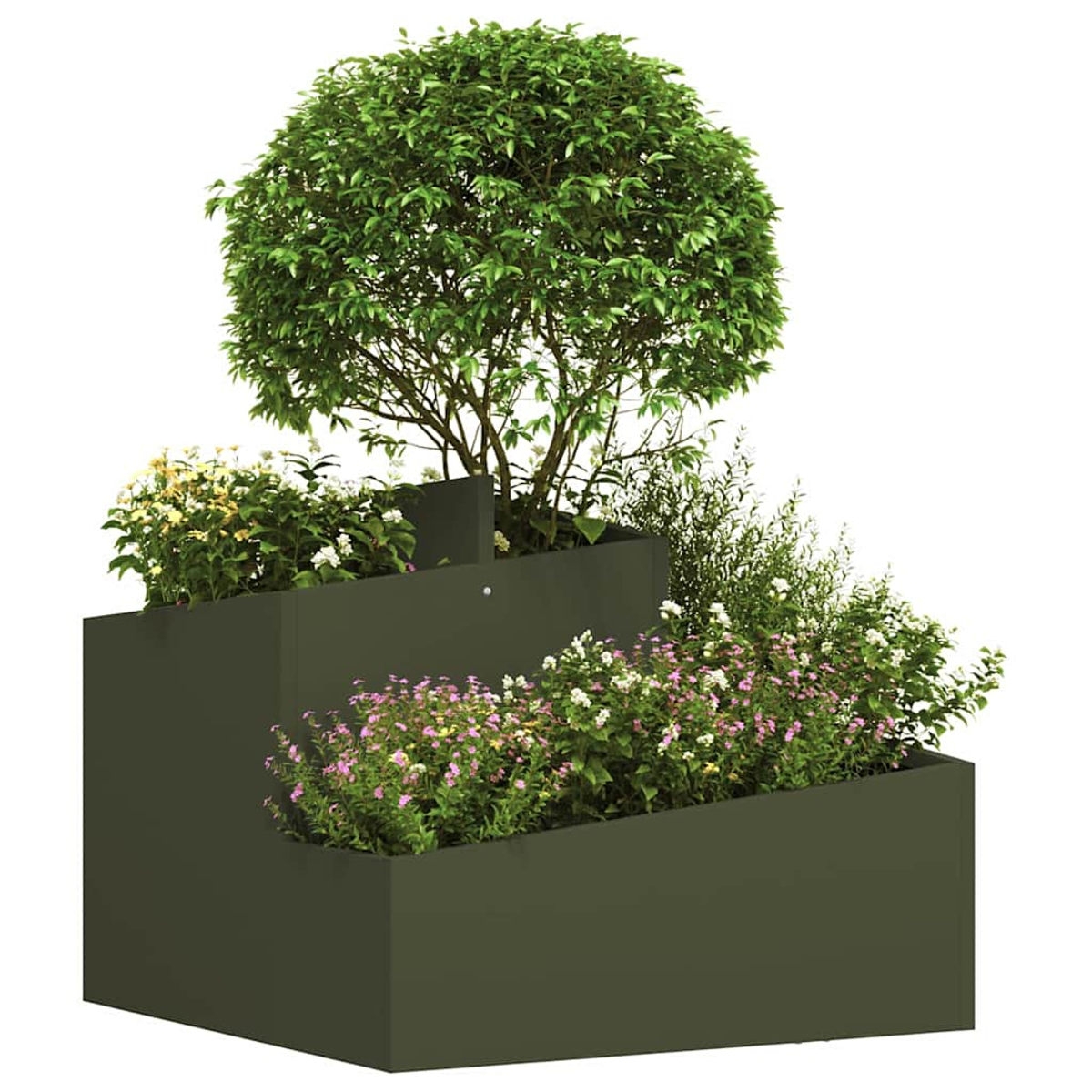 Una fioriera a più livelli con fogliame verde e fiori. Un grande albero verde sferico è in cima. Vari fiori negli strati.