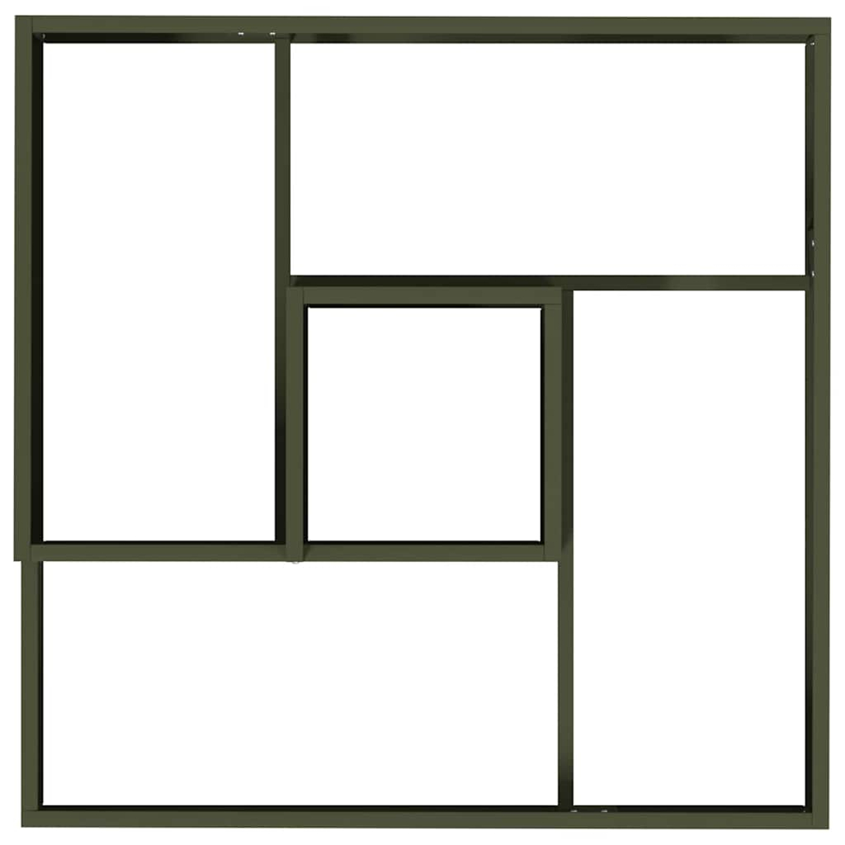 Una finestra moderna con cornici verde scuro, divisa in cinque pannelli rettangolari e quadrati. I pannelli sono riempiti di bianco.
