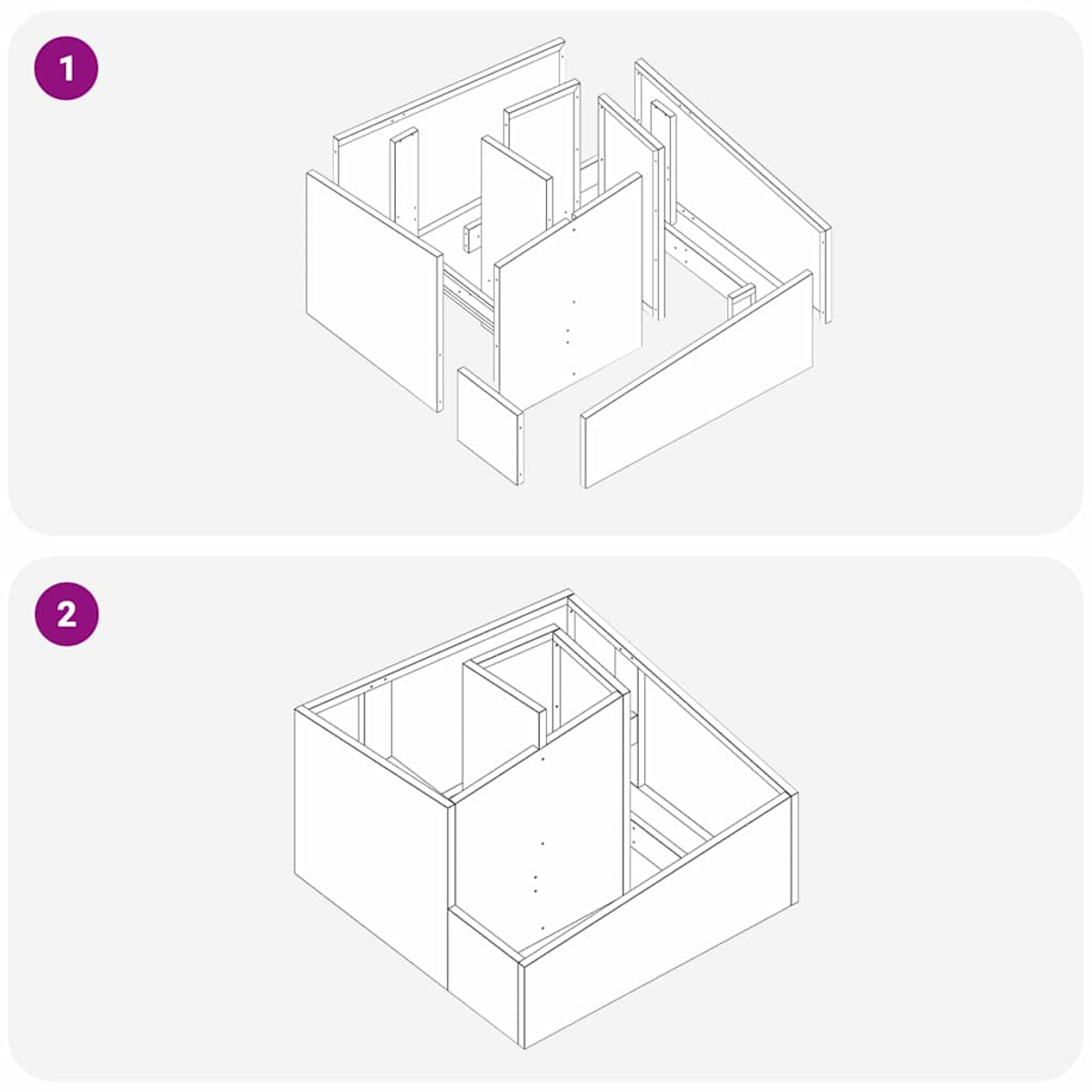 Diagramma che mostra due fasi di assemblaggio di una struttura in legno. Sopra: parti smontate. Sotto: struttura assemblata.
