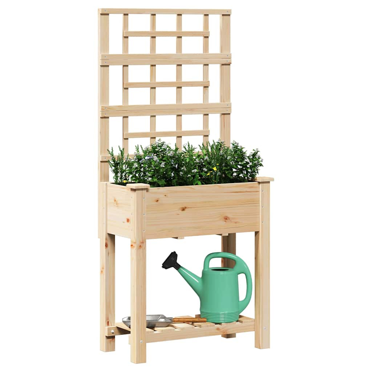 Una fioriera in legno con fiori, un annaffiatoio e attrezzi da giardinaggio. Ha un traliccio in cima.