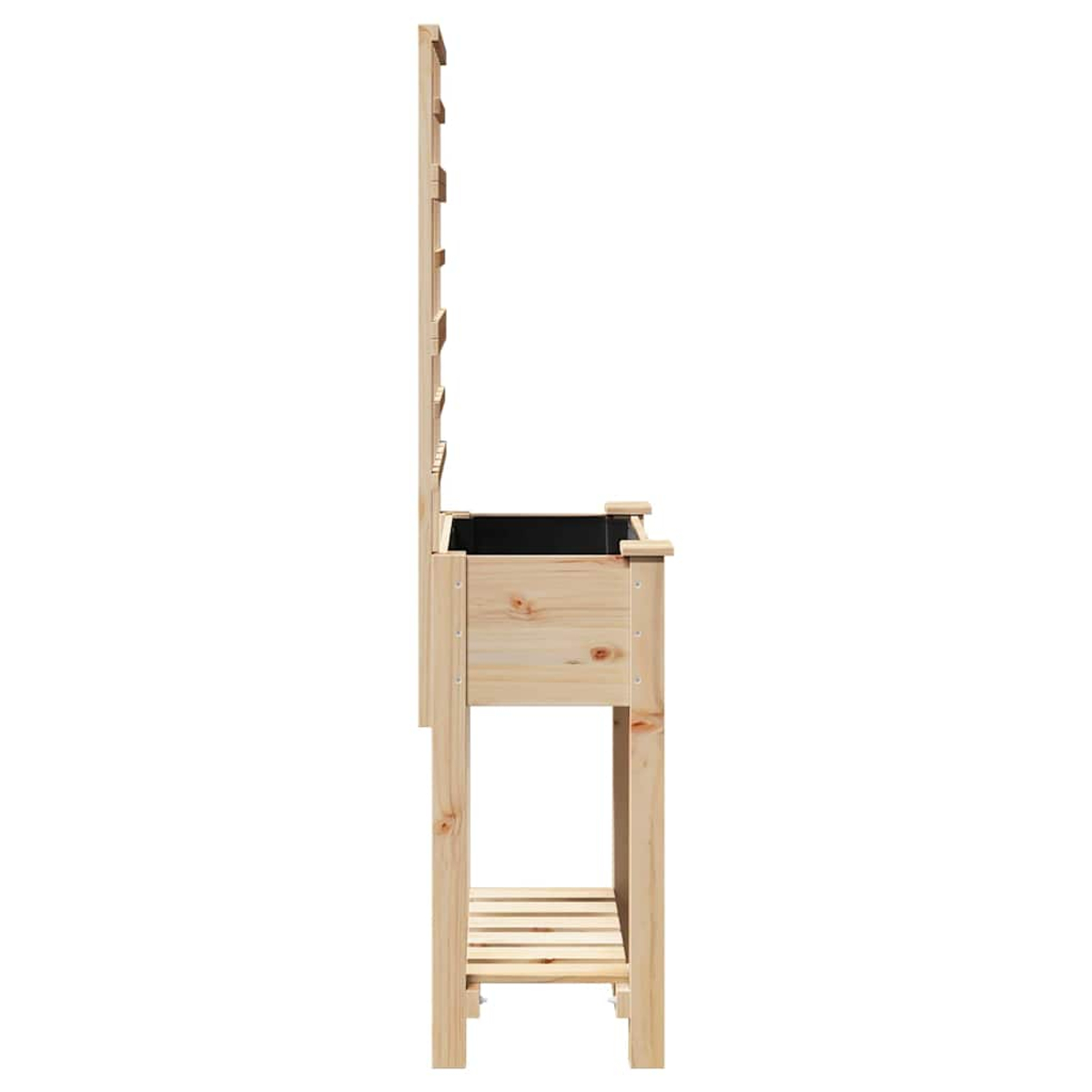 Una fioriera in legno con un traliccio. È fatta di legno chiaro, ha un contenitore nero e si trova su sfondo bianco.