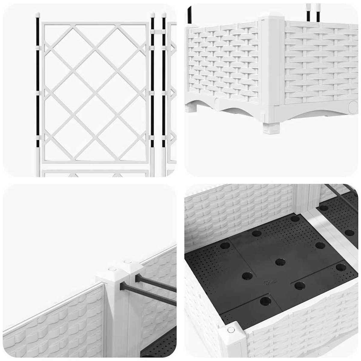Quattro viste ravvicinate di una fioriera bianca. Ha un design a reticolo, una trama intrecciata e una base nera con fori di drenaggio.