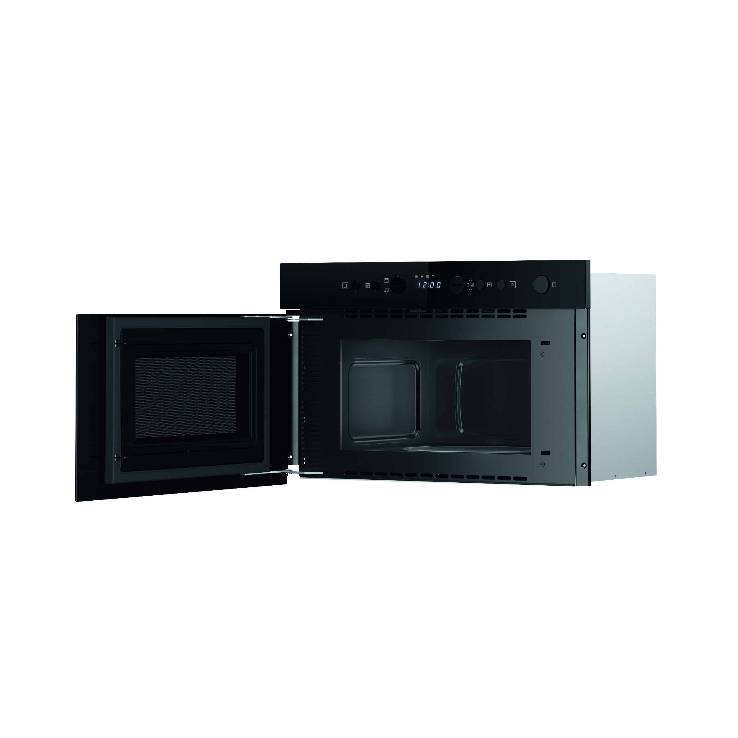 Un horno microondas negro está abierto, revelando el interior. La pantalla digital muestra 12:00. Aislado en blanco.