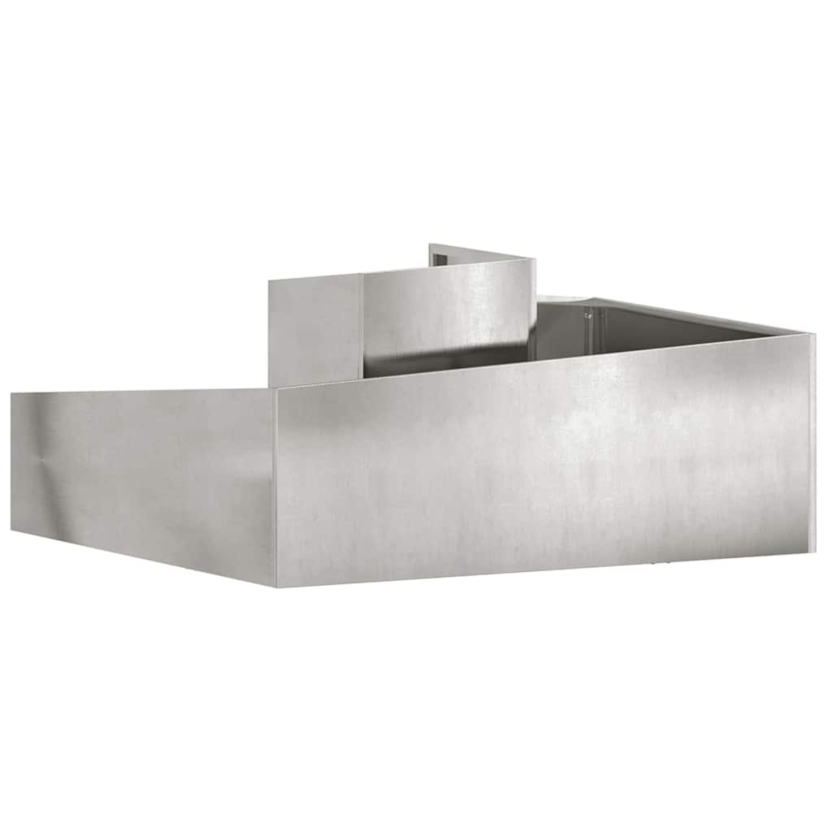 Una cappa in acciaio inox su sfondo bianco. Design squadrato con più livelli e angoli.