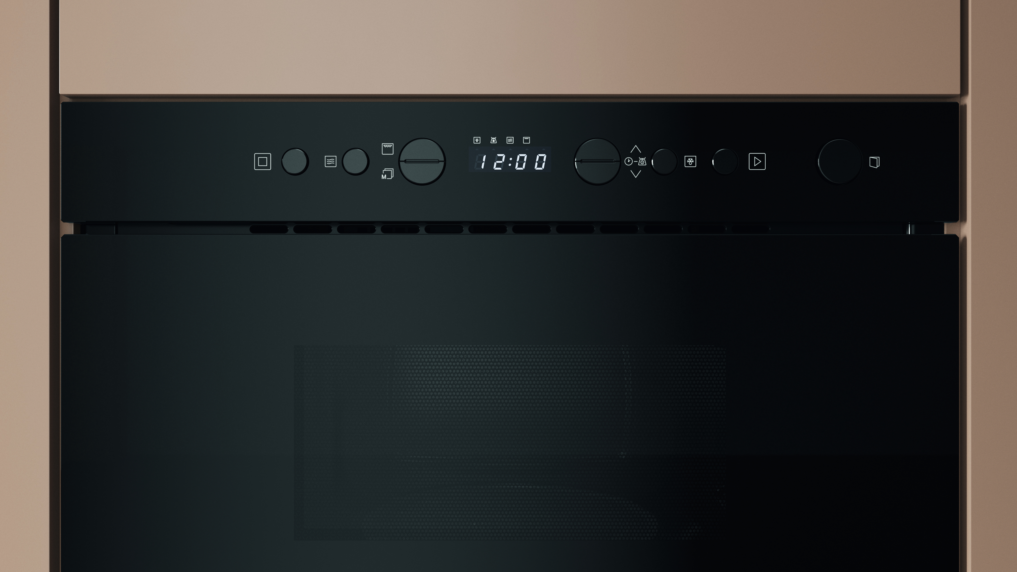 Primer plano del panel de control de un horno negro con reloj digital 12:00 e iconos de funciones.