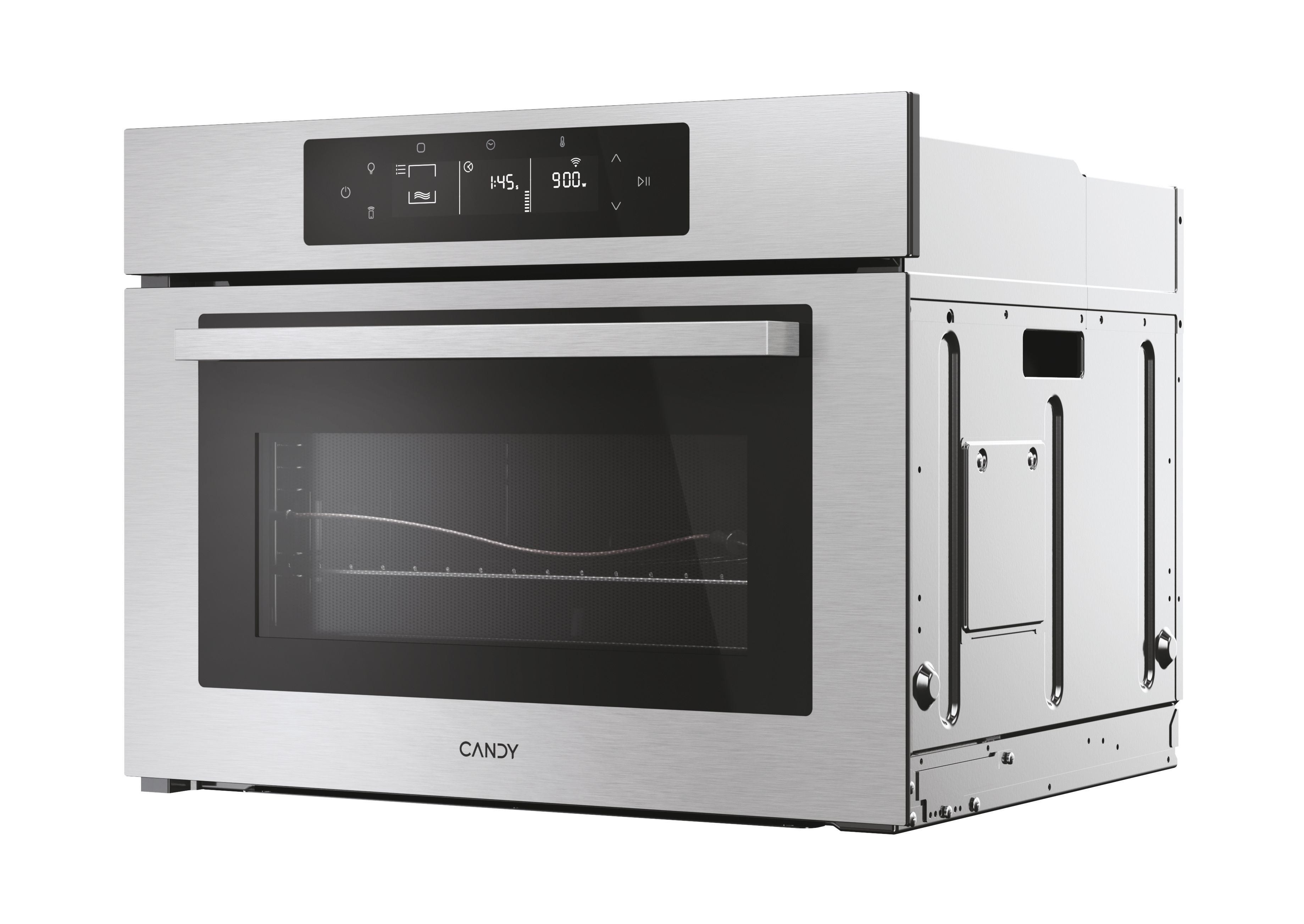 Un forno a incasso in acciaio inossidabile con porta in vetro nero. Ha un display digitale con ora e impostazioni. Il marchio è CANDY.
