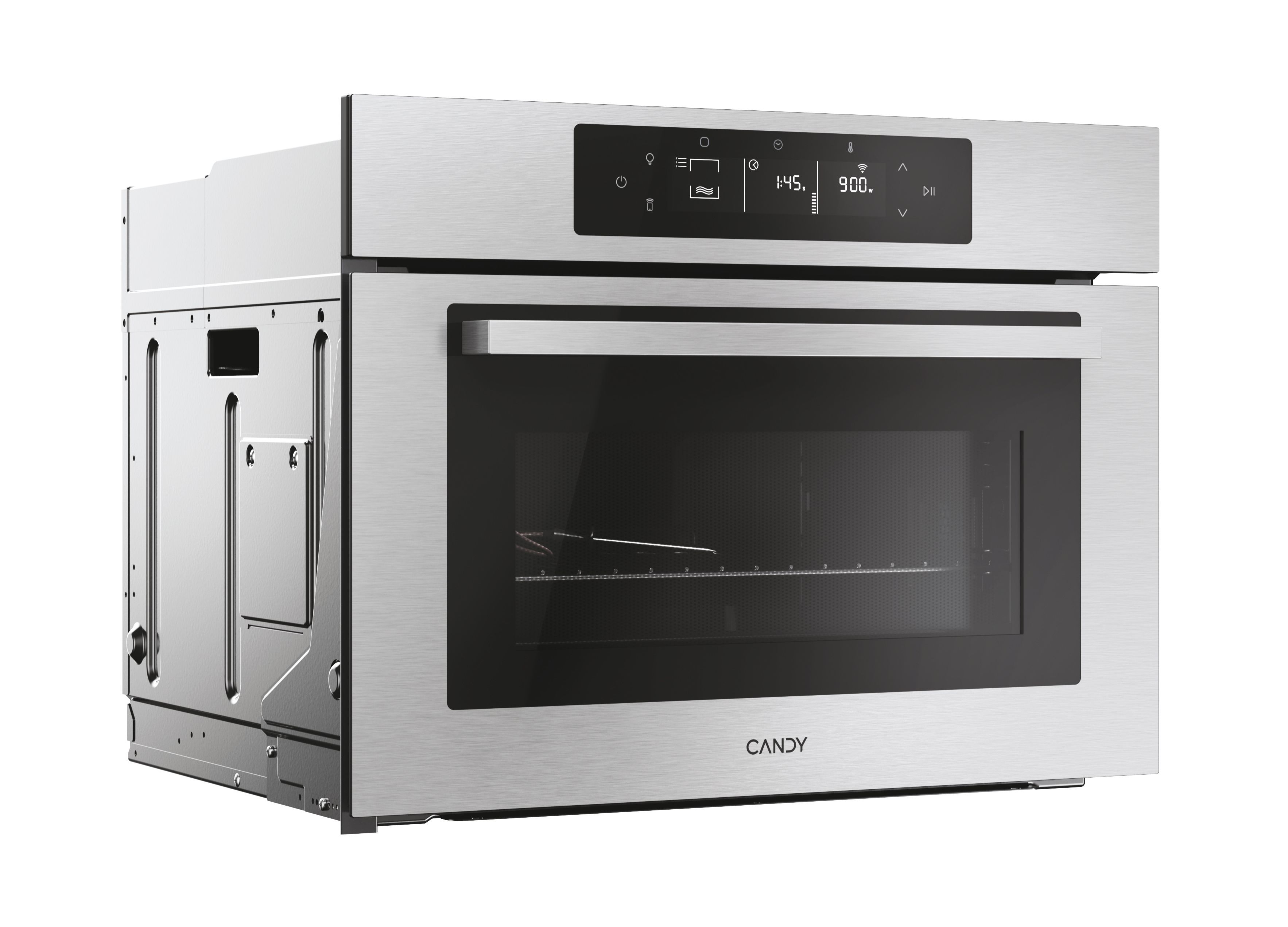 Un forno a microonde in acciaio inossidabile con porta in vetro. Il display mostra l'ora e le impostazioni di potenza. Il marchio 'CANDY' è visibile.