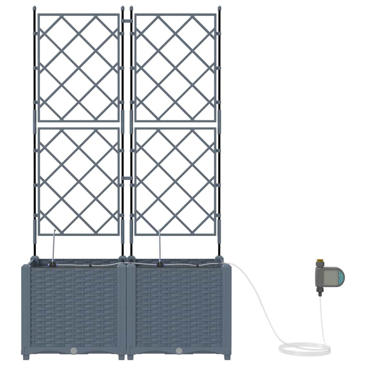 Due fioriere grigie con traliccio, collegate a un sistema di irrigazione e a un timer. Sfondo bianco.
