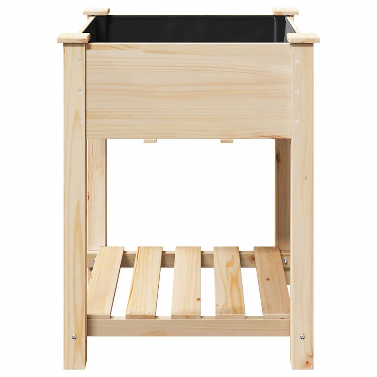 Una fioriera in legno con interno nero. Ha un ripiano a doghe ed è sostenuta da quattro gambe. Il legno è di colore chiaro.