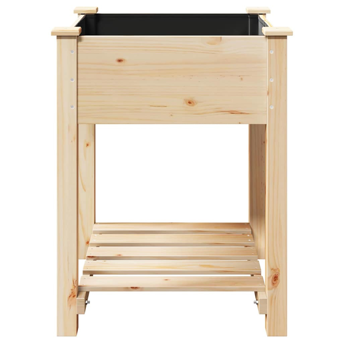 Un'aiuola rialzata in legno. Ha un interno nero, una mensola a doghe ed è realizzata in legno chiaro con venature visibili.