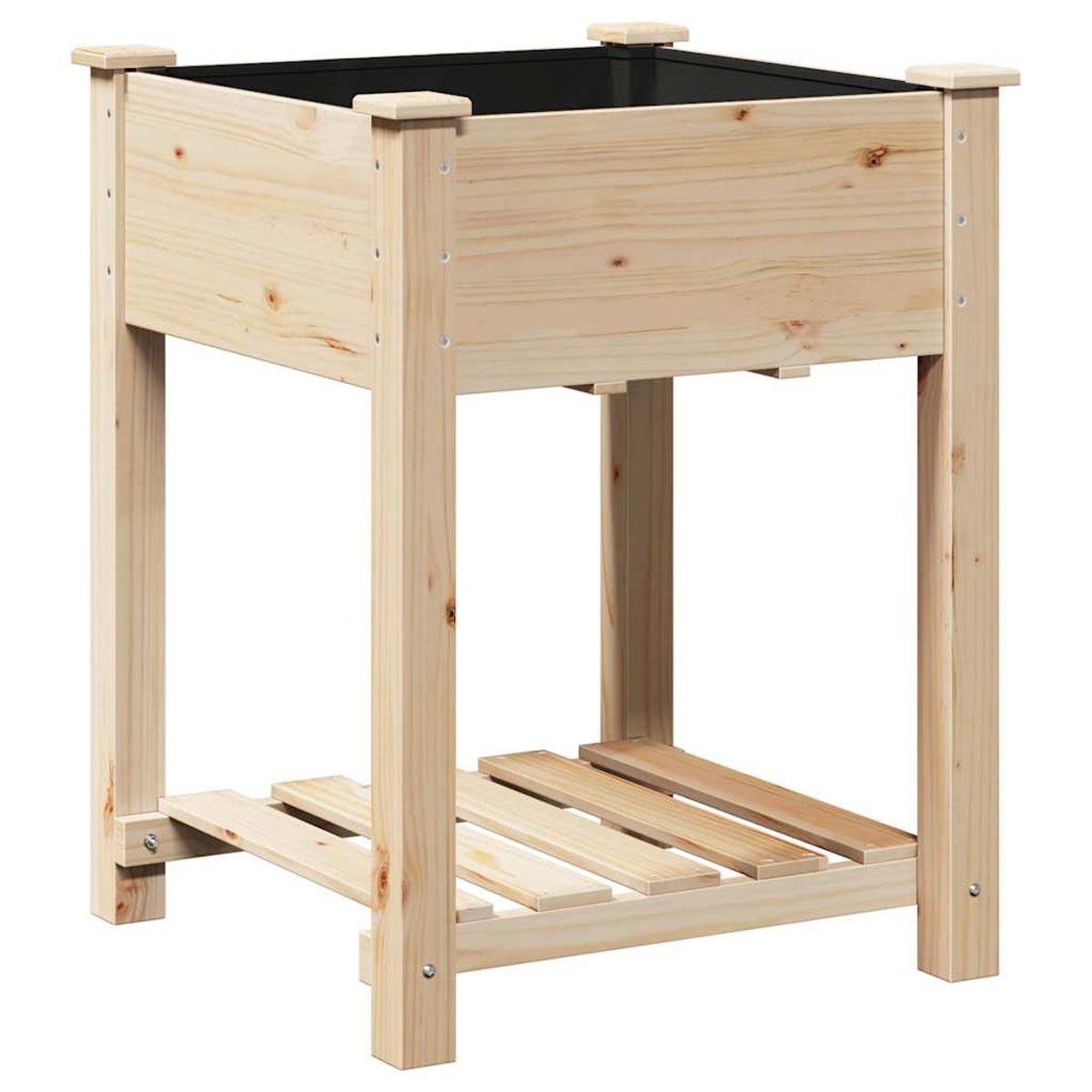 Aiuola rialzata in legno. Struttura in legno marrone chiaro. Scatola quadrata con interno nero. Quattro gambe con ripiano a doghe sul fondo.