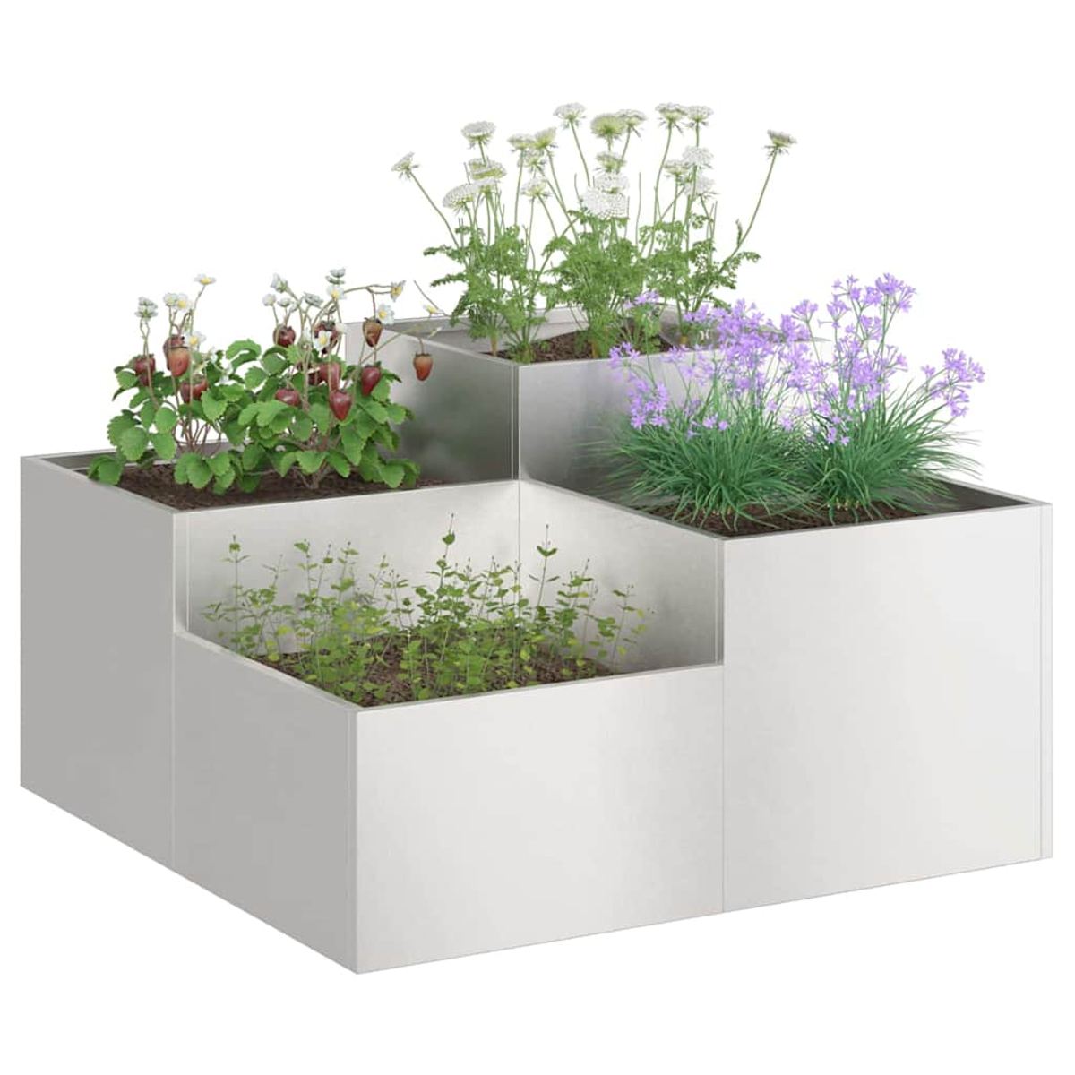 Una fioriera in metallo a più livelli con piante. Fragole, fiori bianchi, fiori viola ed erbe verdi sono nella fioriera. La fioriera è isolata.