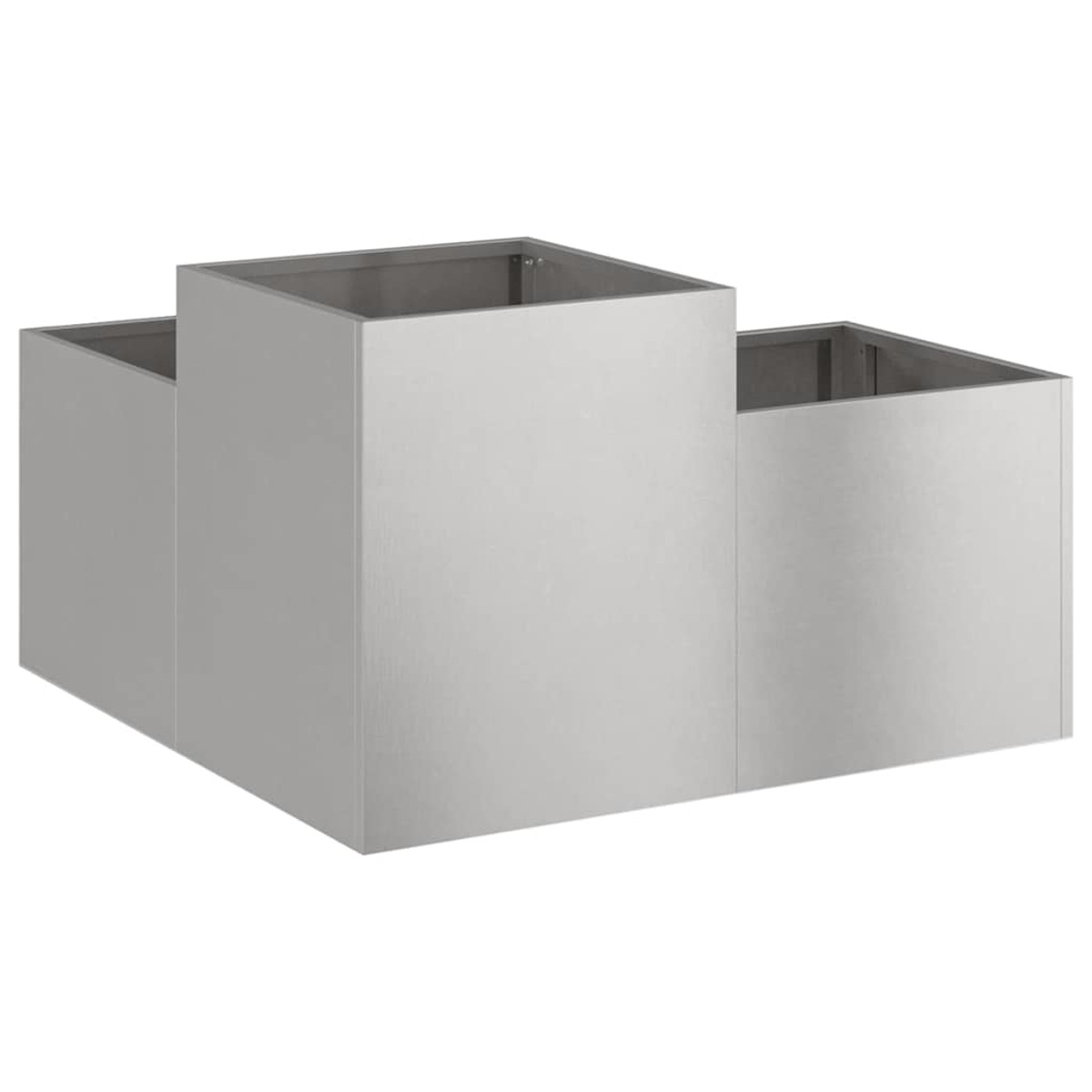 Tre strutture collegate, a forma di scatola, con la parte superiore aperta, di altezze diverse. Hanno un colore argento metallizzato e sono su sfondo bianco.