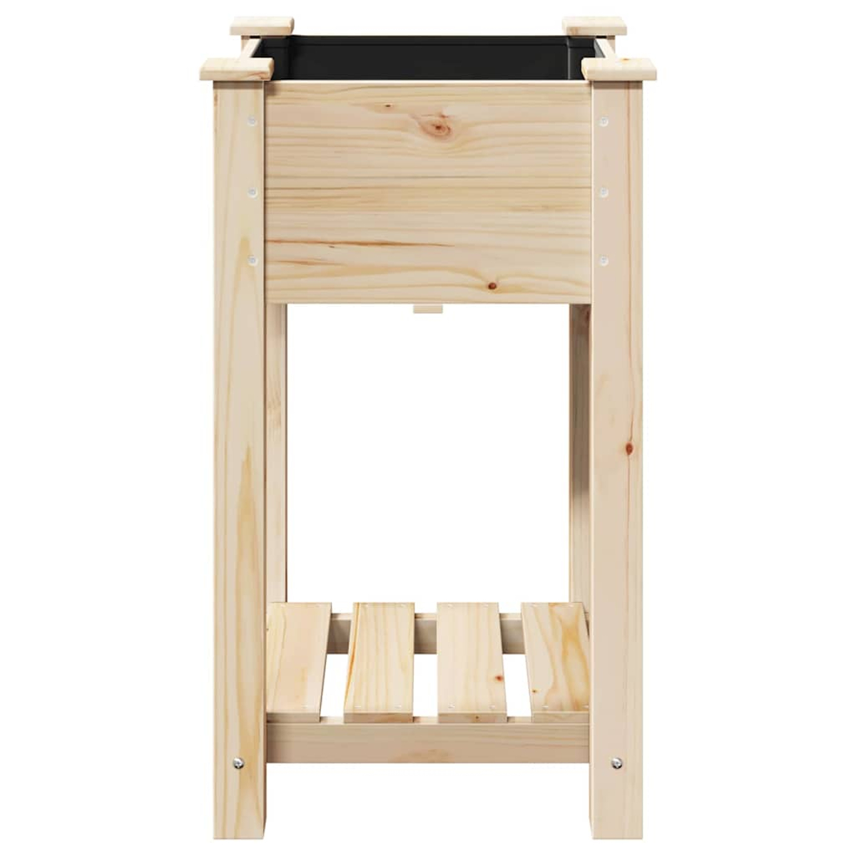 Una fioriera in legno con interno nero. Ha un ripiano inferiore a doghe ed è realizzata in legno chiaro con venature visibili.
