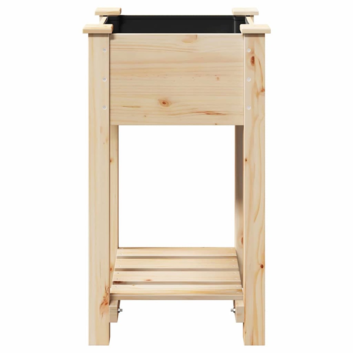 Fioriera in legno con interno nero, ripiano e quattro gambe. Il legno è chiaro e lo sfondo è bianco.