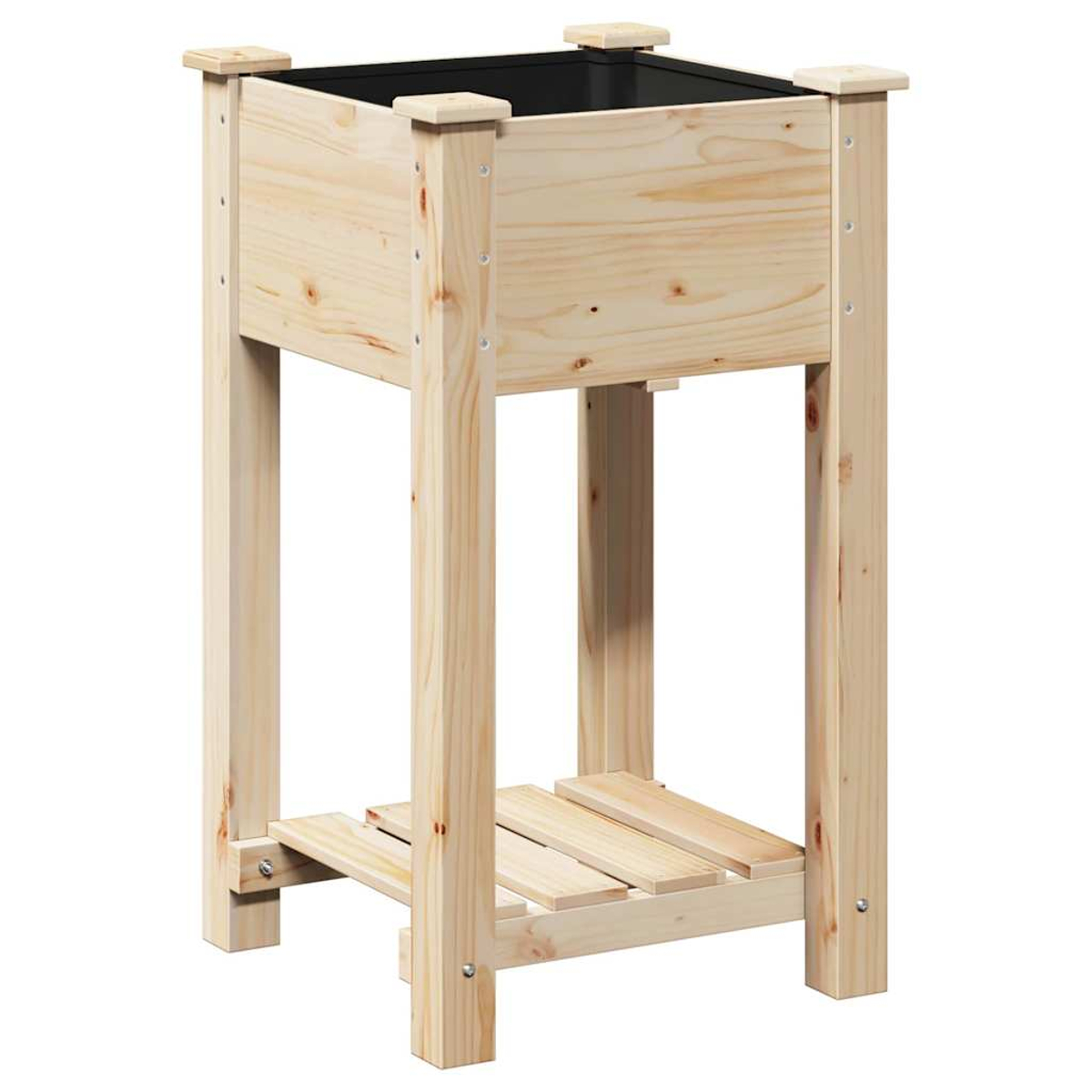 Una fioriera in legno su gambe. La scatola è di colore legno naturale con interno nero. Ha un ripiano a doghe vicino al fondo.