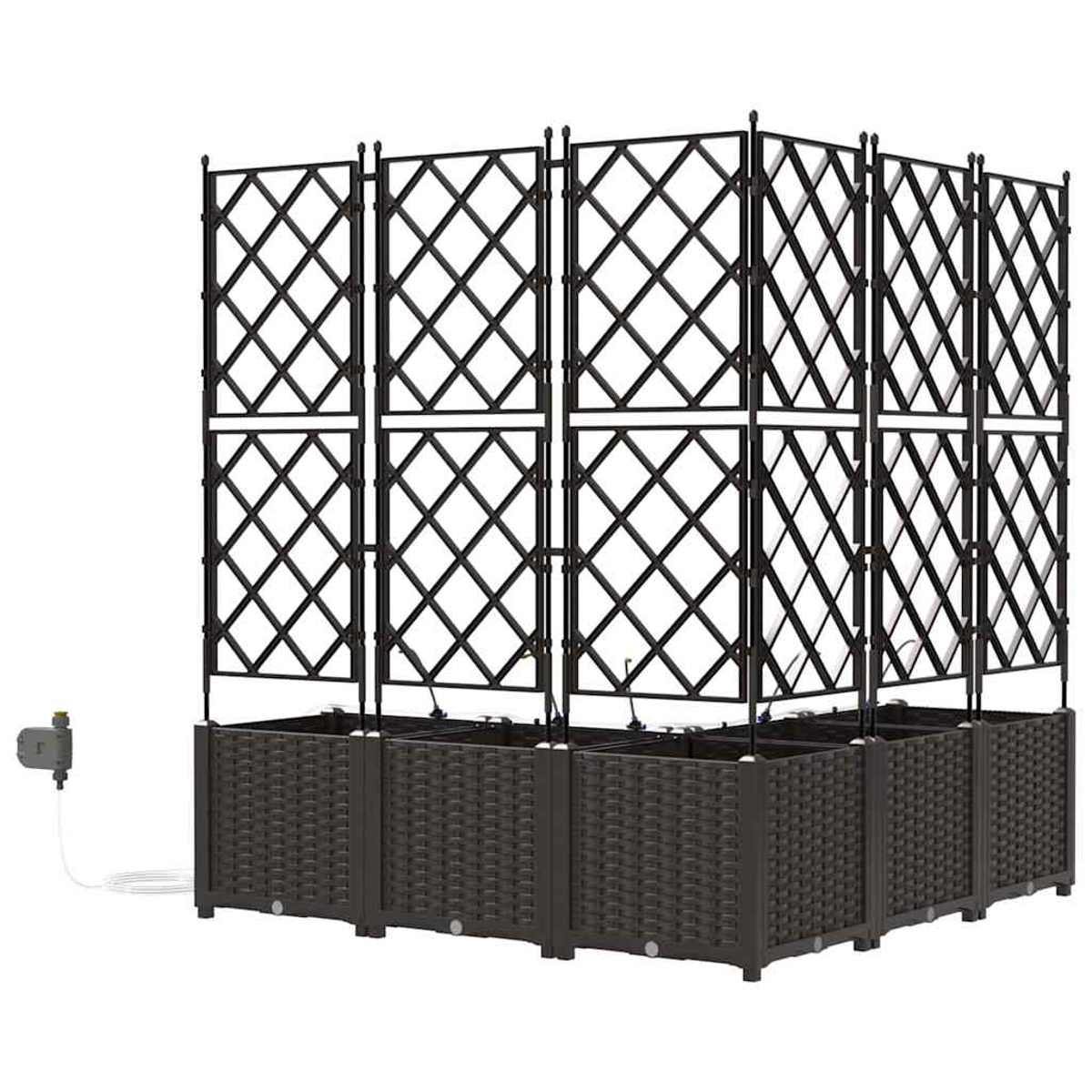 Ein brauner Gartenpflanzer mit Gitterrahmen. Er hat eine gewebte Textur an der Basis und einen Timer.