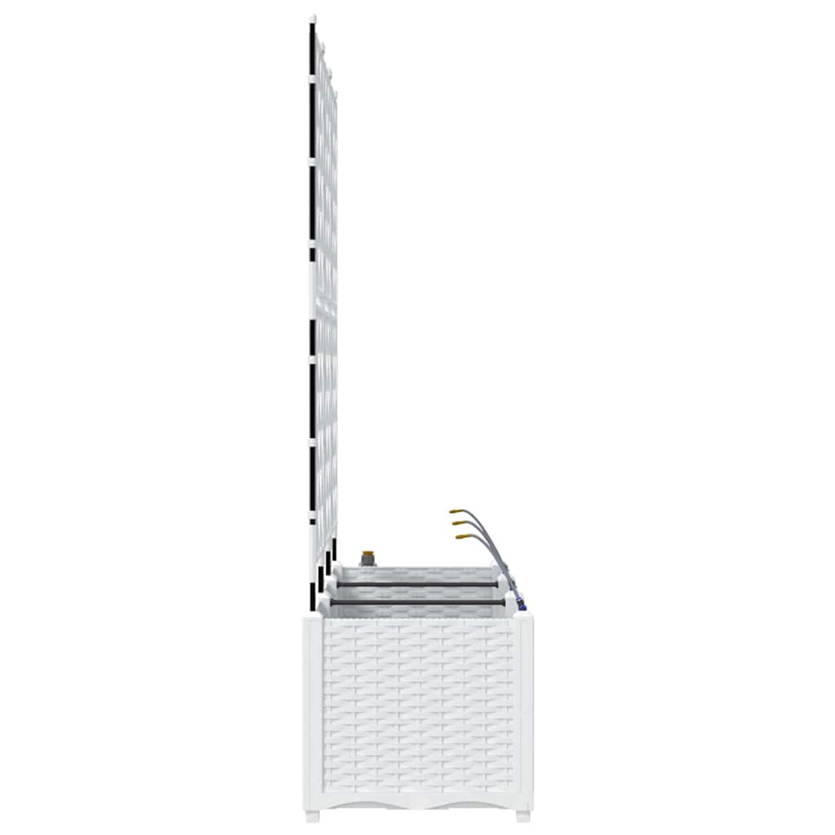 Contenitore esterno bianco con traliccio. Presenta una trama intrecciata sulla base e un traliccio verticale. Tubi metallici e accenti neri.