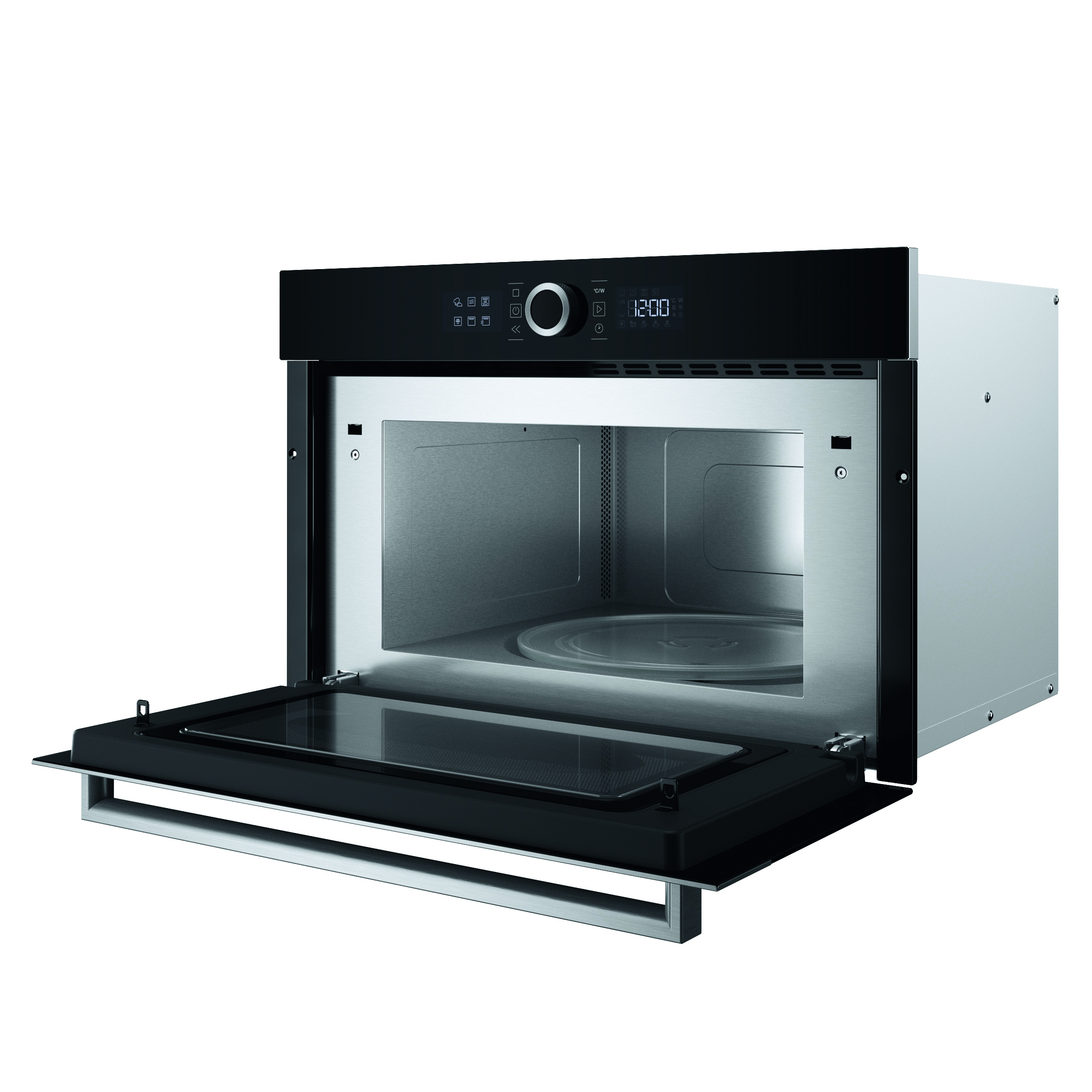 Un horno microondas empotrado con la puerta abierta. Tiene un panel de control negro y un interior de acero inoxidable.