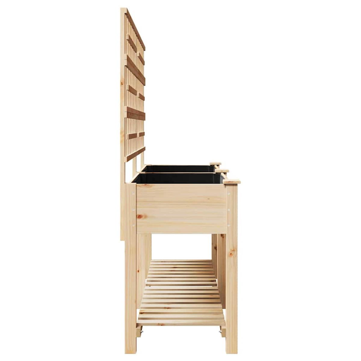 Un banco di semina in legno, vista laterale. Ha una fioriera, una mensola e un traliccio. Il legno è chiaro.