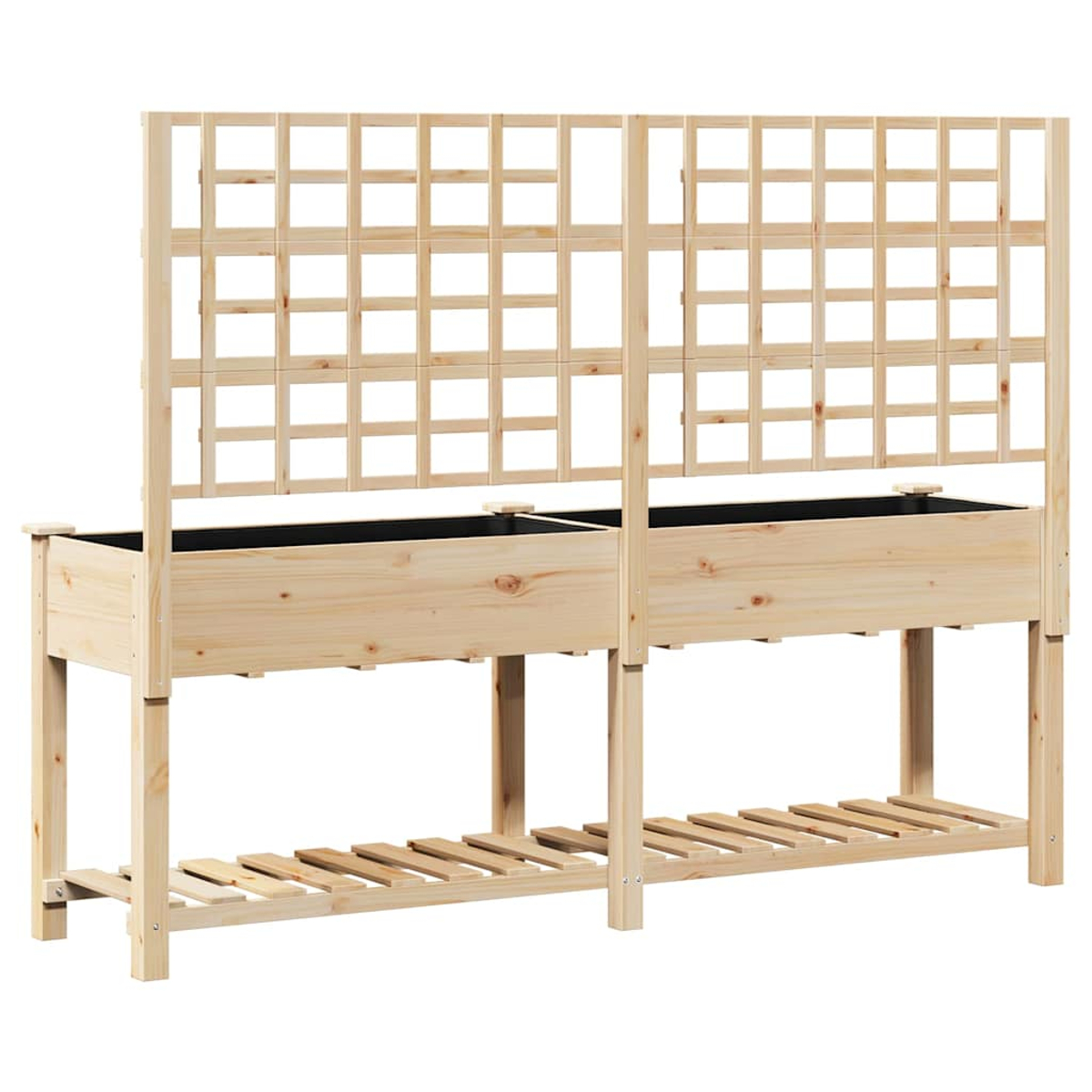 Fioriera in legno con traliccio. Due fioriere rettangolari con schienale a traliccio. Una mensola corre sotto le fioriere. Realizzato in legno chiaro.