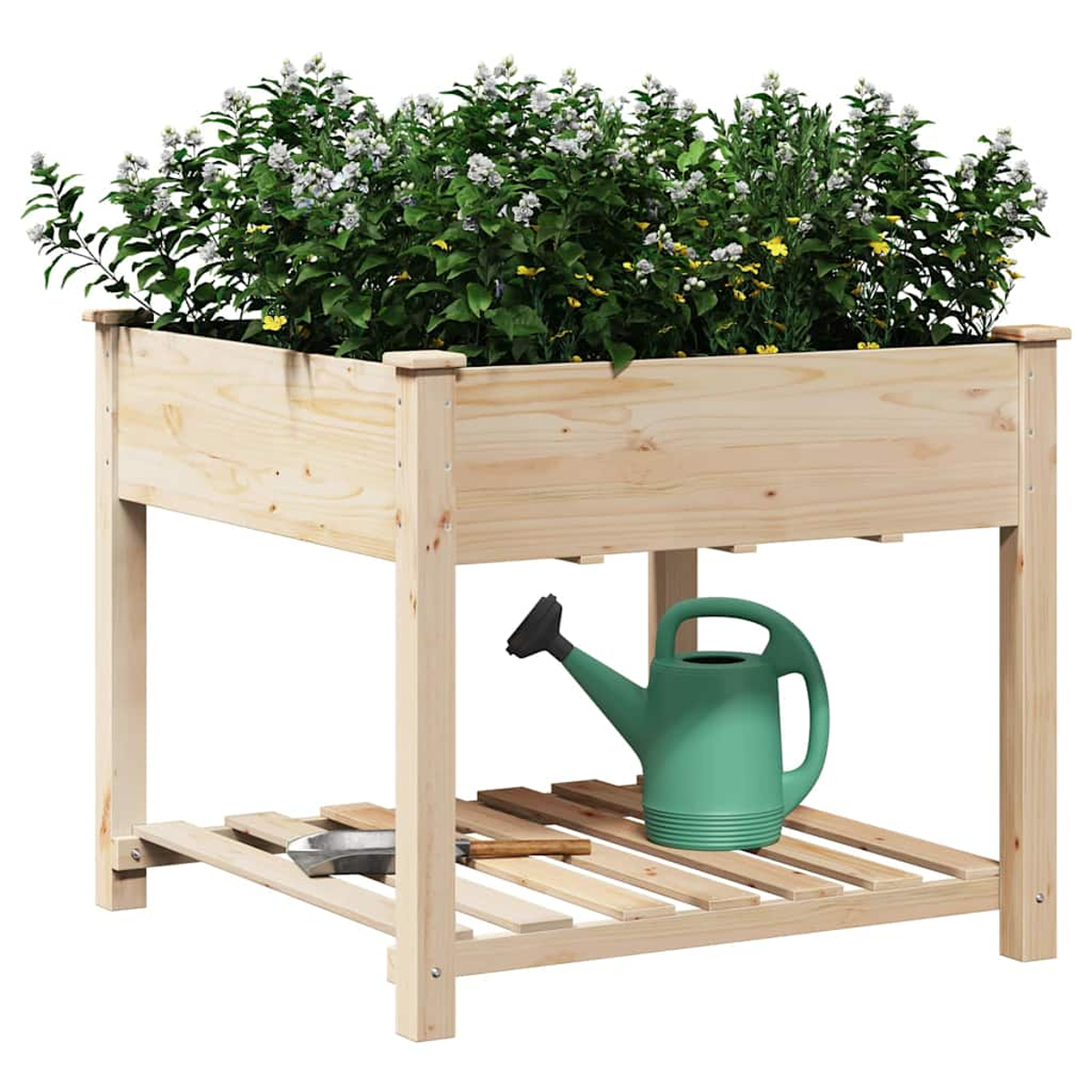 Aiuola rialzata in legno con fiori. Un annaffiatoio verde e attrezzi sul ripiano inferiore.