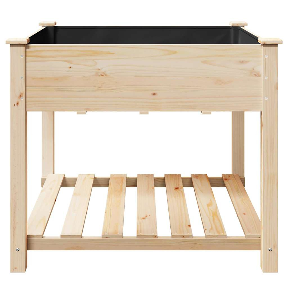 Un'aiuola rialzata in legno. Ha un interno nero, una base a doghe e un design semplice e robusto. Legno chiaro con venature visibili.
