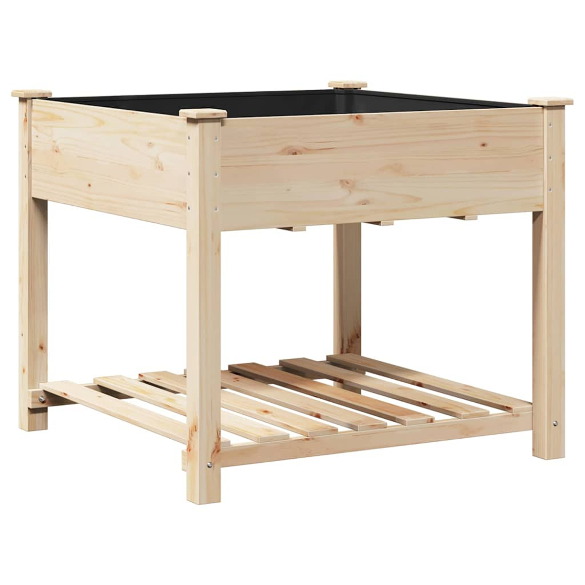 Un'aiuola rialzata in legno con interno nero. Ha una base a doghe e quattro gambe. Il legno è chiaro.