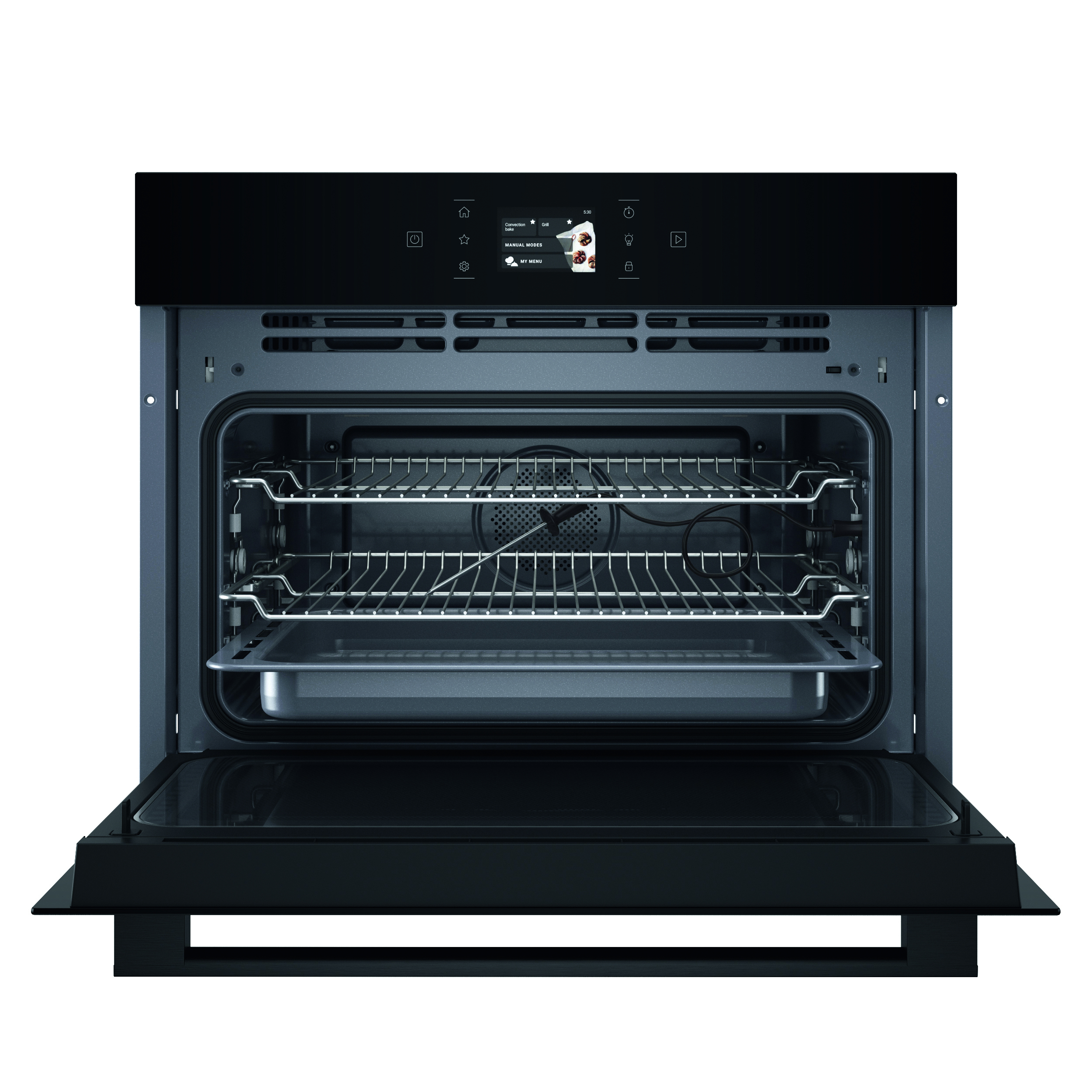 Forno nero aperto con griglie interne e vassoio. Il display digitale mostra le opzioni di cottura. Porta aperta.