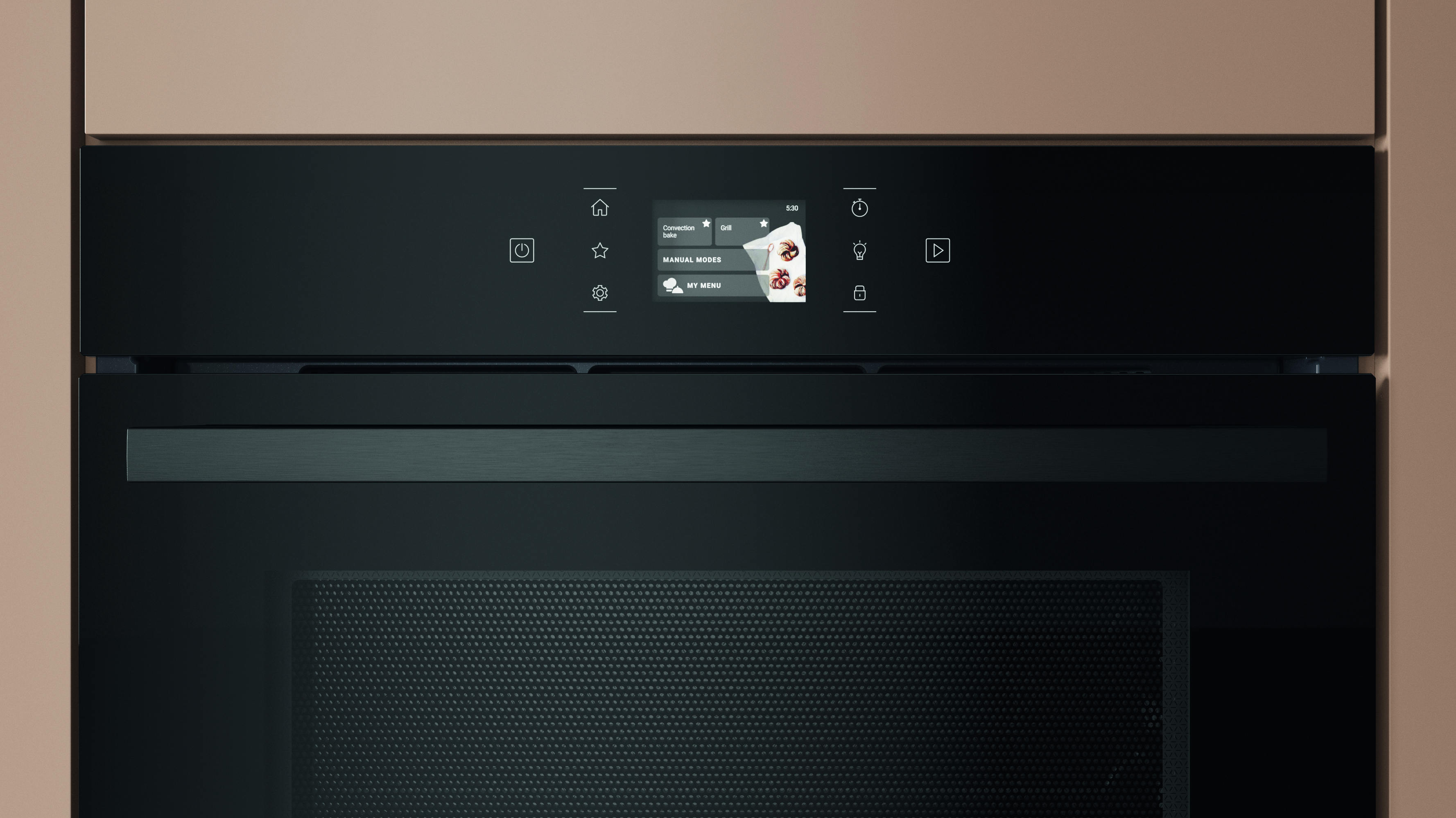 Un forno nero con display digitale che mostra le opzioni del menu. Il forno è incorniciato in una cornice color tan.