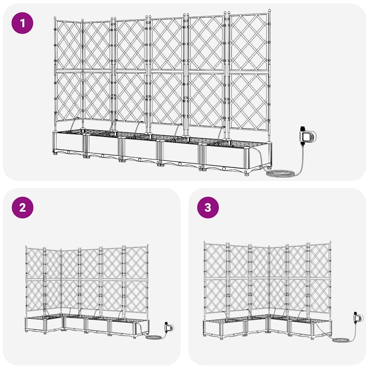 Diagramma che mostra un sistema di tralicci. Il pannello 1 mostra una configurazione dritta, i pannelli 2 e 3 mostrano configurazioni ad angolo. Include un timer e un tubo.