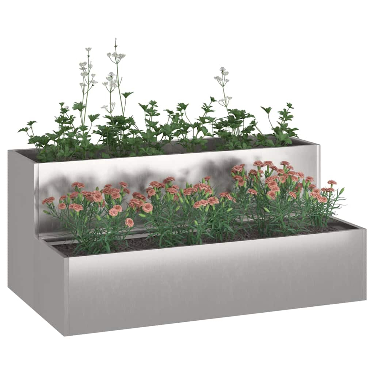 Una fioriera in metallo a più livelli piena di fiori. Il livello superiore ha piante verdi e fiori bianchi. Il livello inferiore ha fiori rosa.