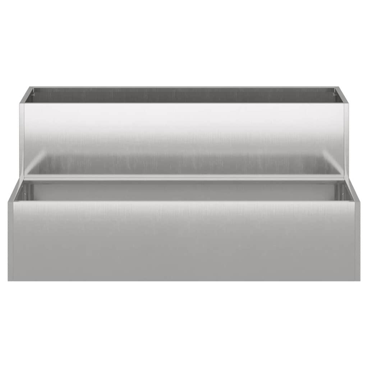 Una mensola a due livelli in acciaio inox, rettangolare. Vuota e pulita, su sfondo bianco.