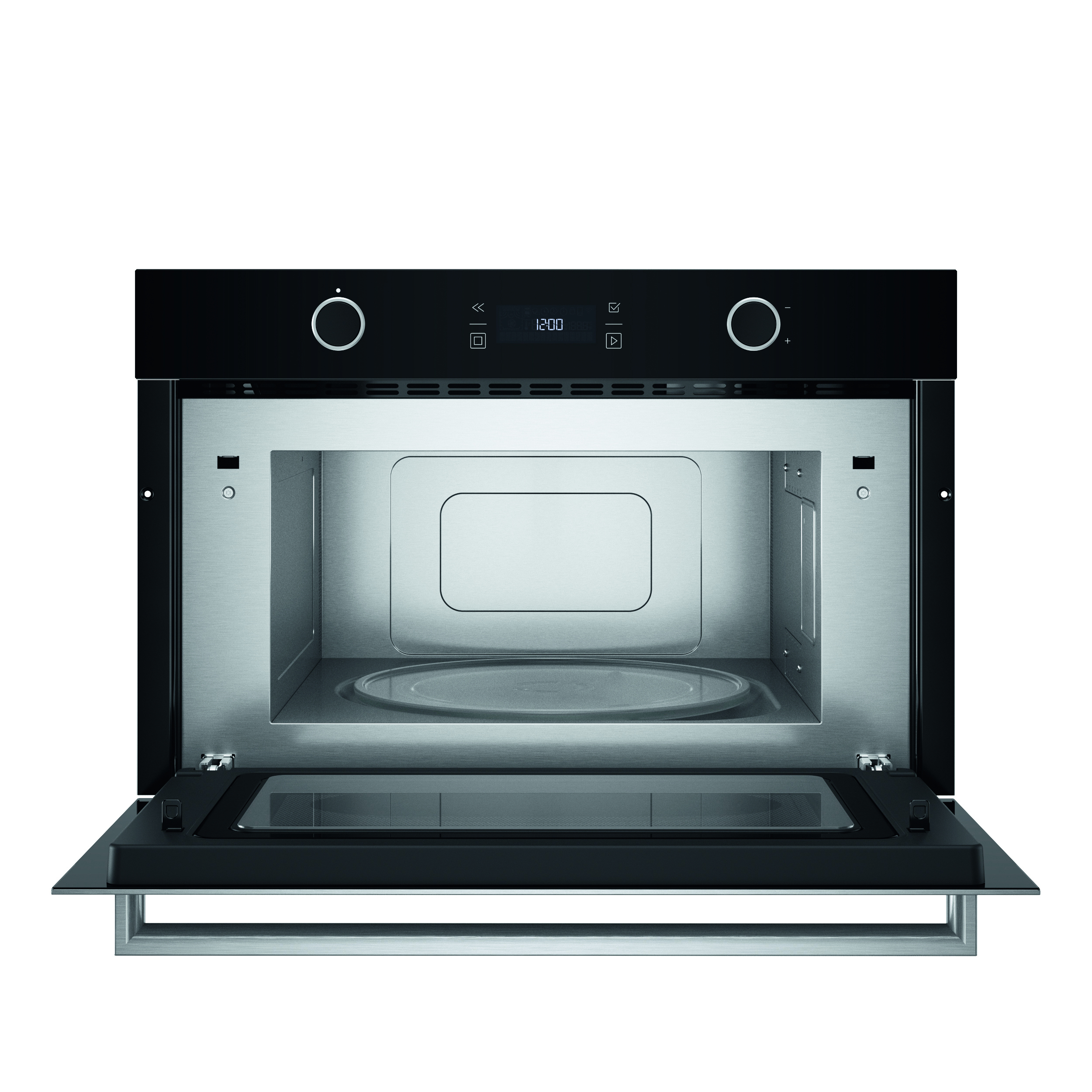 Un forno a microonde nero con la porta aperta. L'interno è in acciaio inossidabile. L'ora 12:00 è visualizzata sullo schermo.