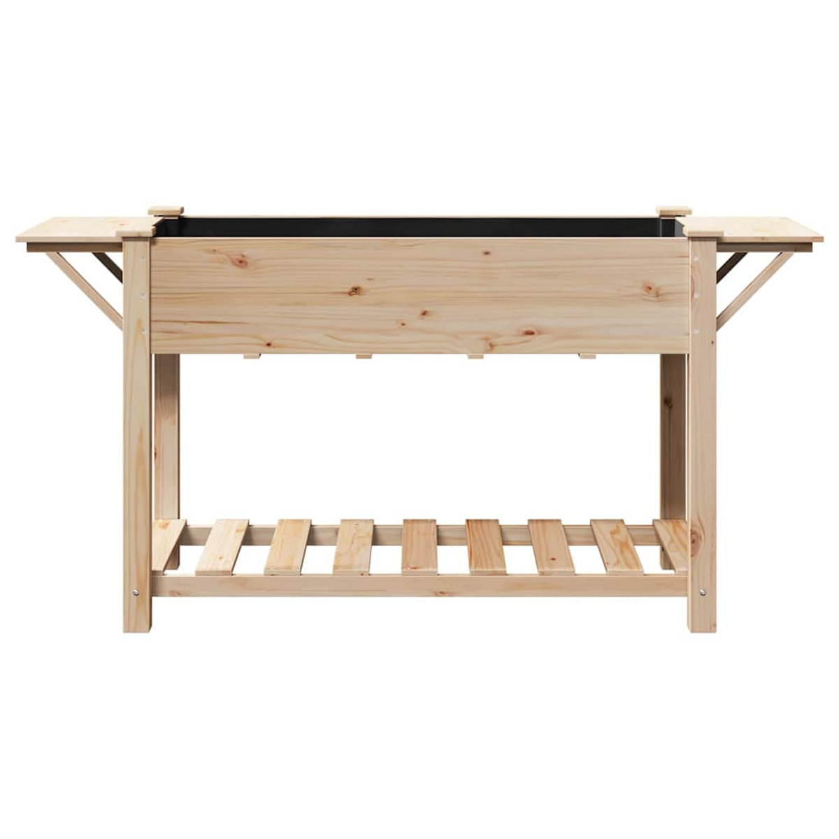 Un'aiuola in legno. Ha un contenitore nero rettangolare e due tavoli laterali. Il fondo ha un ripiano in legno.