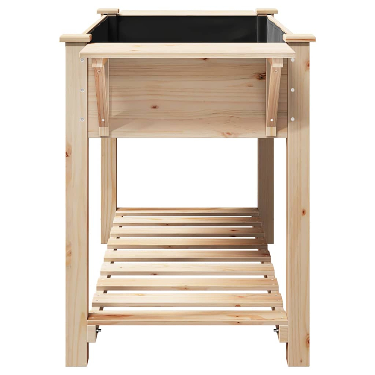 Aiuola rialzata in legno. Ha una fioriera e un ripiano. Il telaio è in legno di colore chiaro. Lo sfondo è bianco.