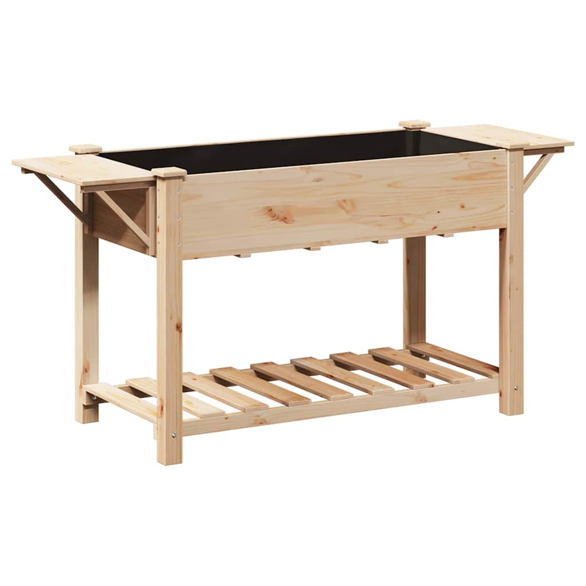 Un'aiuola in legno su gambe. Ha un interno nero e un ripiano a doghe sottostante. Il legno è di colore chiaro.