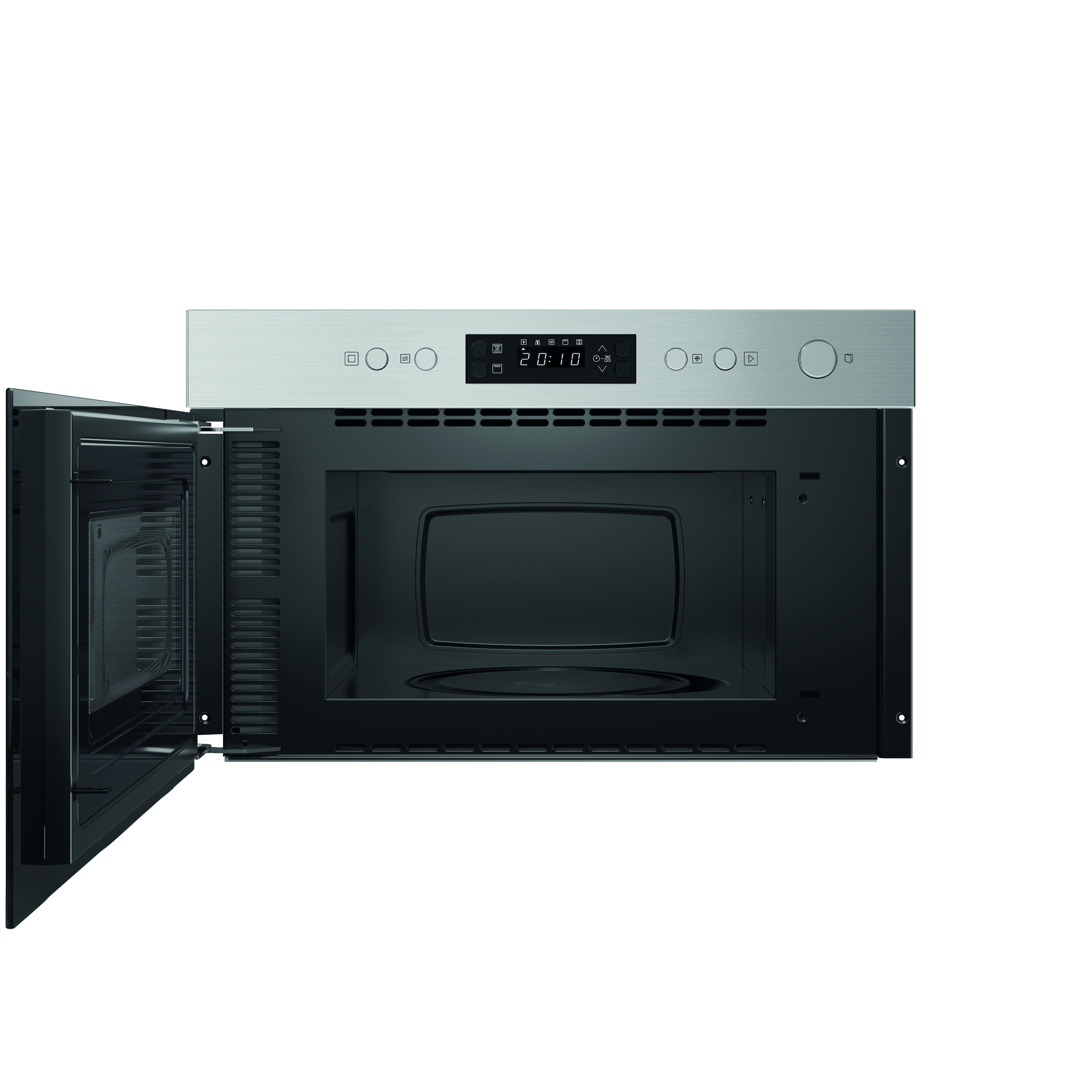 Un horno de microondas con la puerta abierta. El interior es negro. El exterior es plateado y negro.