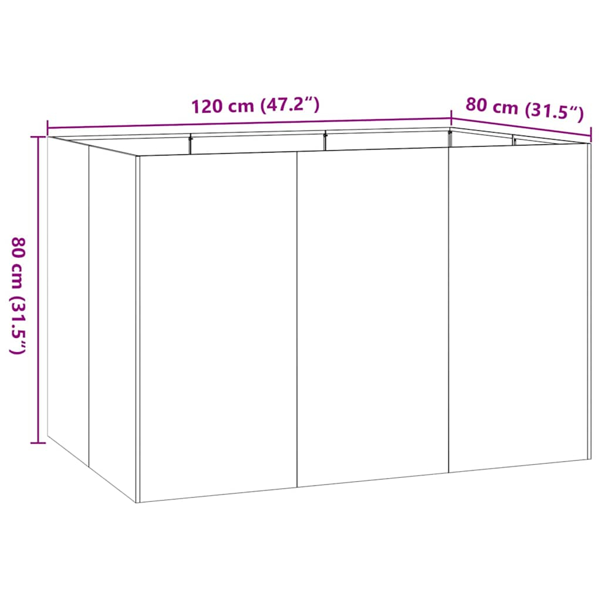 Un'illustrazione mostra una struttura rettangolare con dimensioni etichettate: 120 cm (47,2") di larghezza, 80 cm (31,5") di altezza e profondità.
