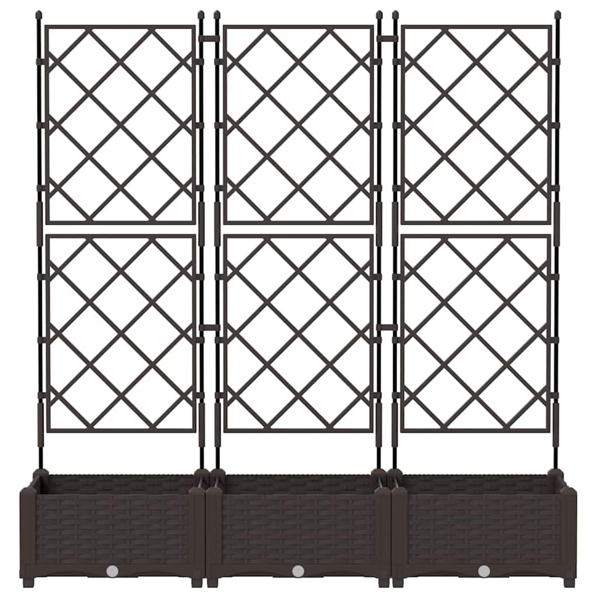 Tre fioriere a traliccio marroni con design a rombi. Ogni fioriera ha una trama intrecciata ed è collegata da supporti metallici.