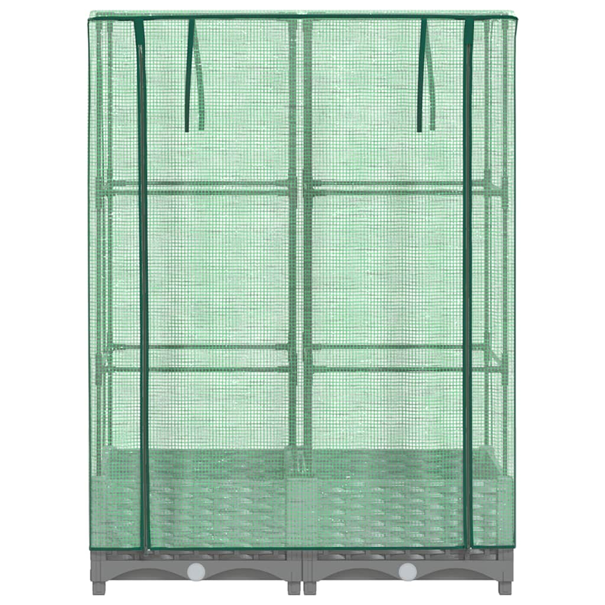 Una serra verde con un motivo a griglia. Ha una base e un telaio grigi, con tessuto verde e cerniere. È vuota.