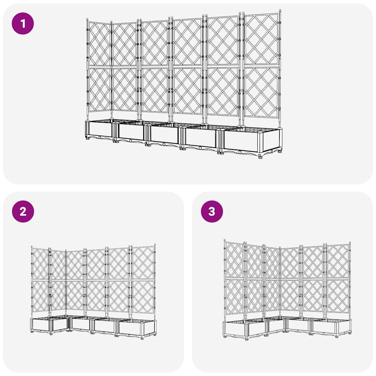 Schema di un sistema a traliccio. Tre pannelli sono visualizzati in diverse configurazioni: dritto, a forma di L e angolato.