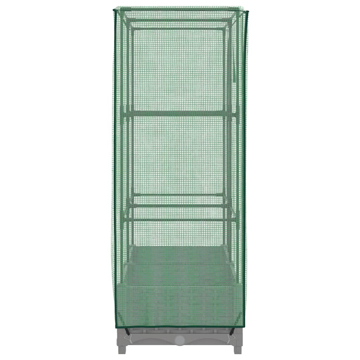 Una serra verde e rettangolare con una copertura a rete. Ha diversi ripiani all'interno e poggia su una base grigia.