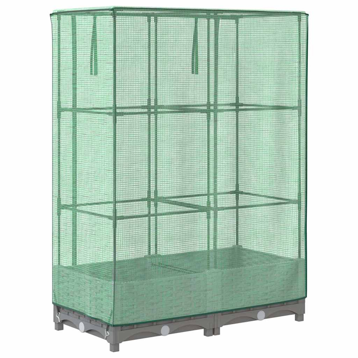 Una serra verde con telaio rettangolare e copertura a rete. Ha ripiani e una base in plastica grigia.