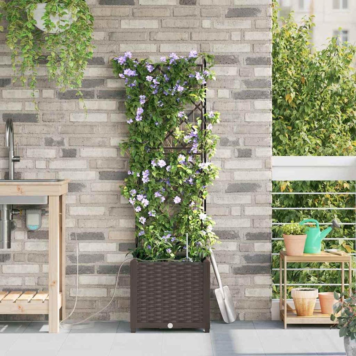 Un muro di mattoni con un traliccio ricoperto di fiori viola. Una fioriera marrone con una pala è vicina. Sono presenti un tavolo di legno e una pianta sospesa.