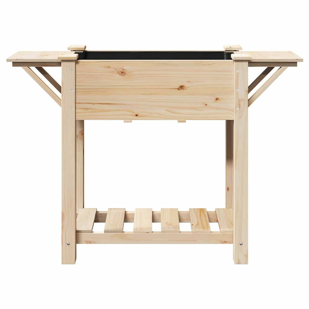 Una fioriera in legno con tavoli laterali. Legno marrone chiaro con fioriera interna nera. Mensola inferiore a doghe.