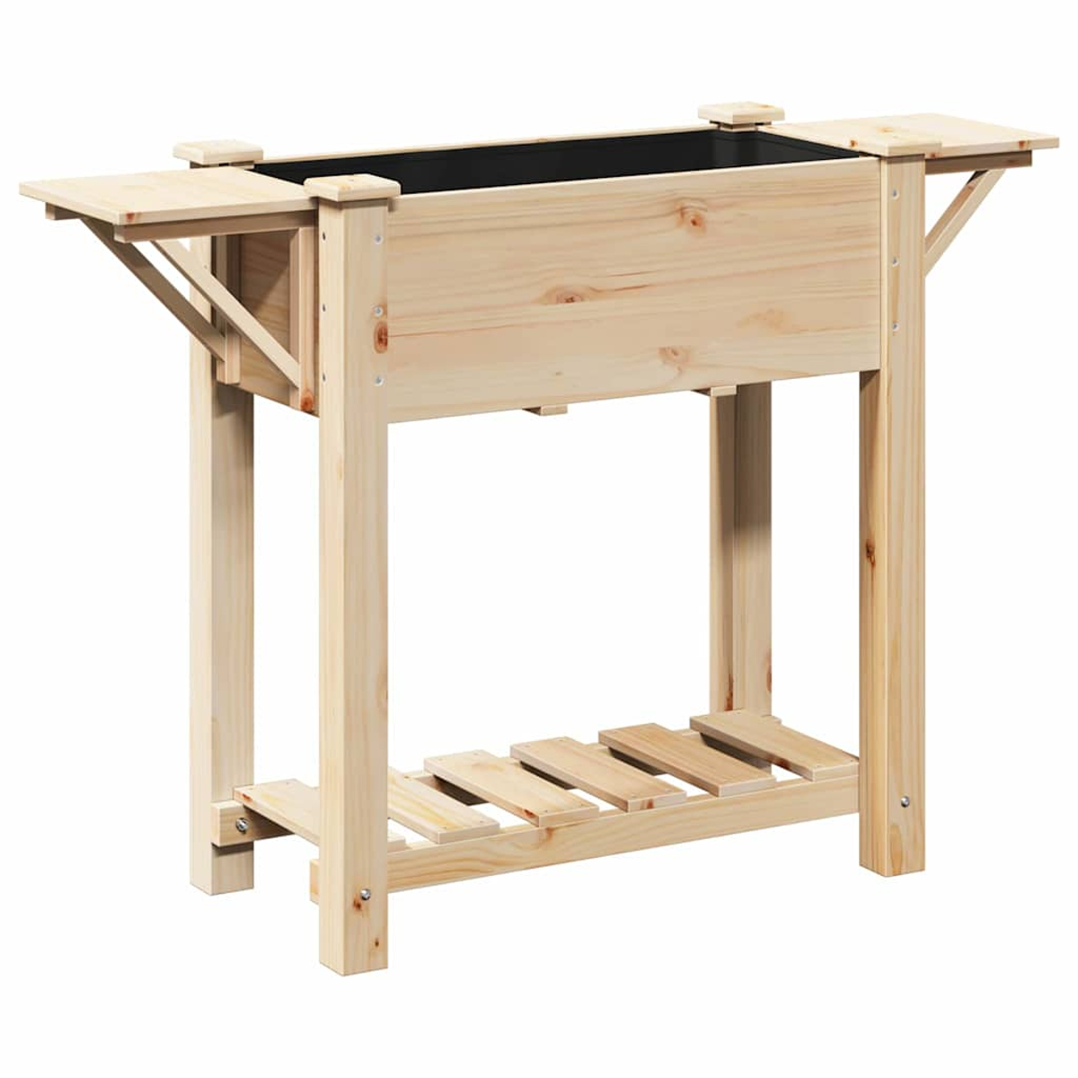 Un'aiuola in legno con interno nero. Ha un ripiano e due tavolini. Il legno è di colore chiaro e non verniciato.