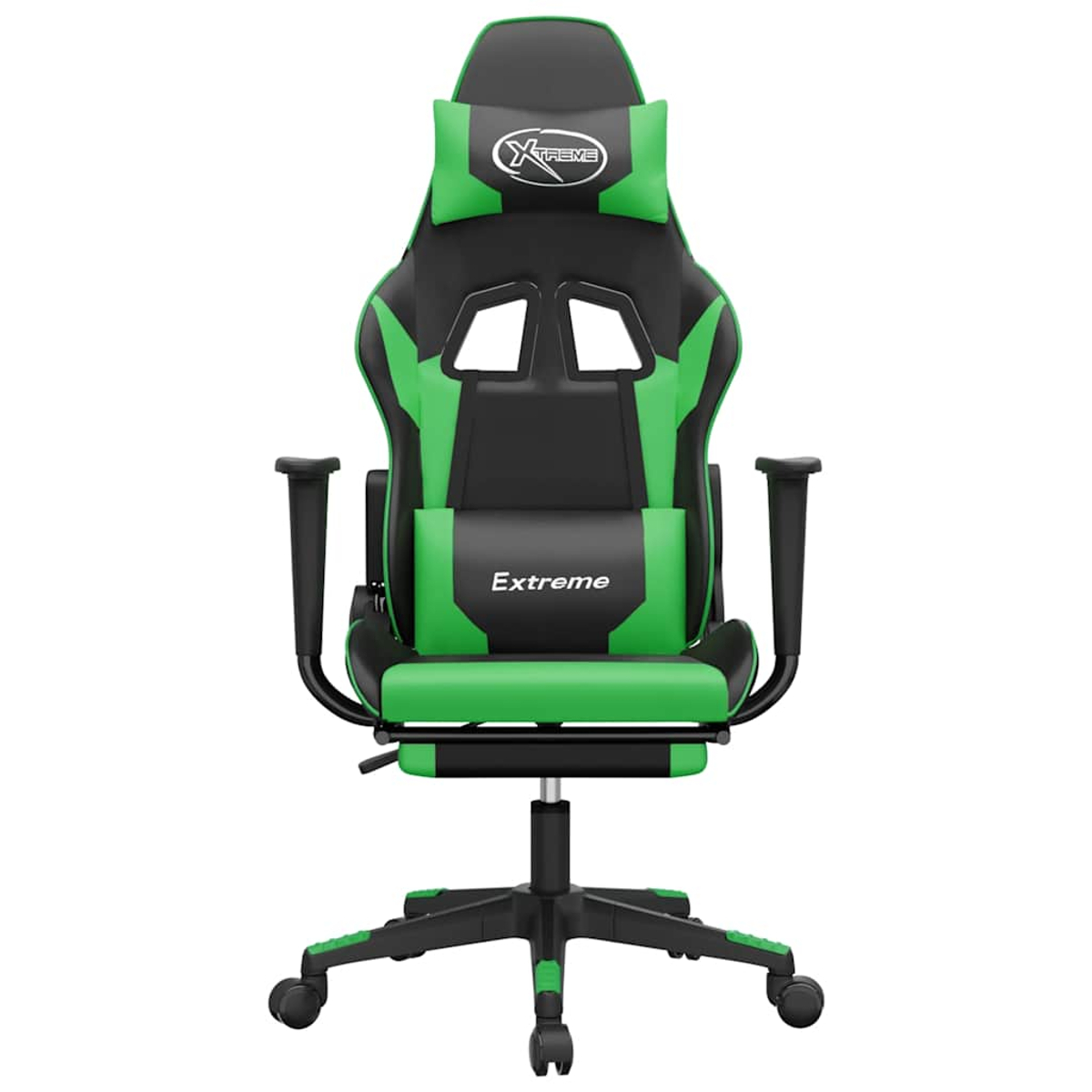 Ein grüner und schwarzer Gaming-Stuhl mit dem Wort 'Extreme'. Der Stuhl hat eine Kopfstütze und Armlehnen, und die Basis hat Räder.