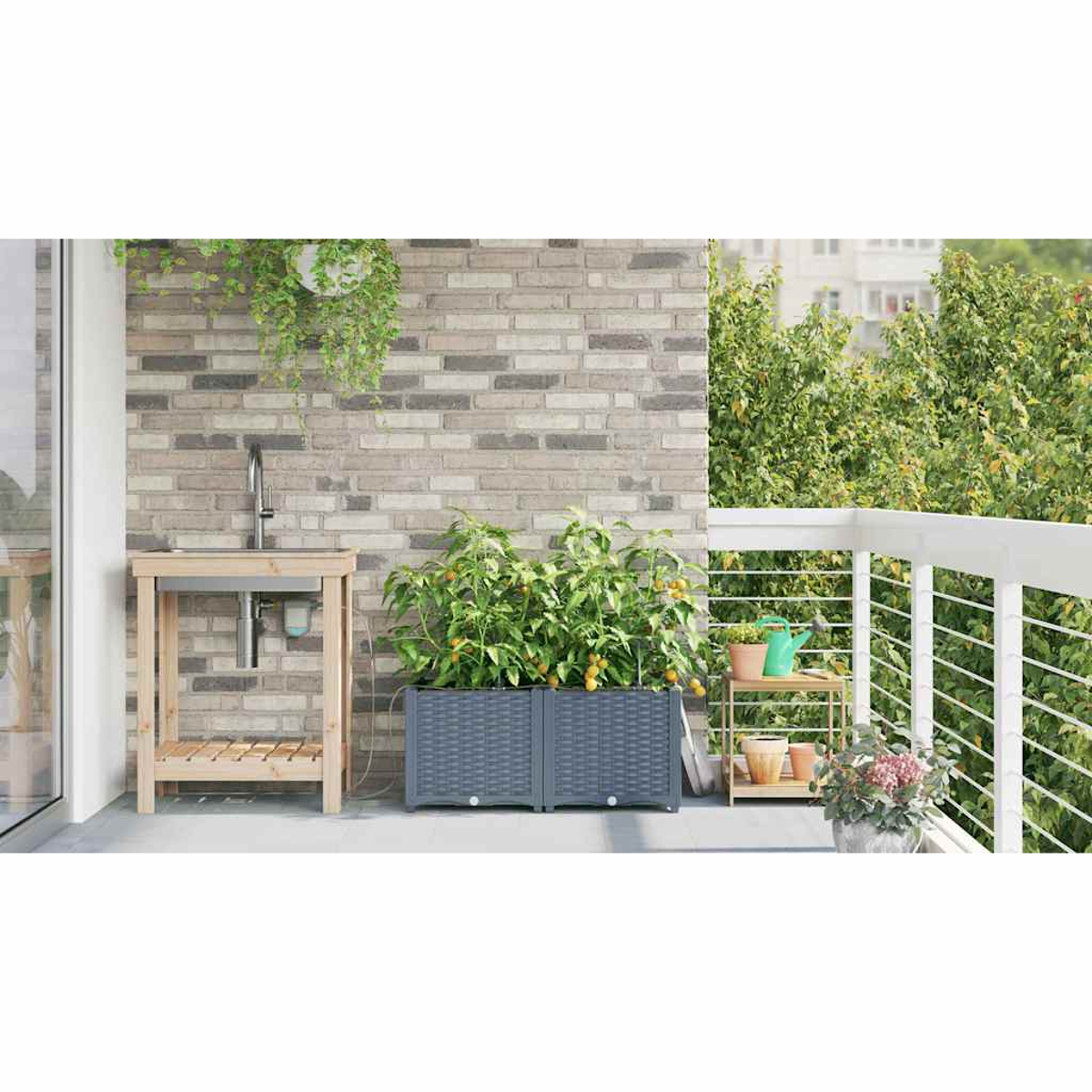 Balkongarten mit Waschbecken, Tomatenpflanzen in grauen Pflanzkästen, Regal mit Gießkanne und Backsteinmauer im Hintergrund.